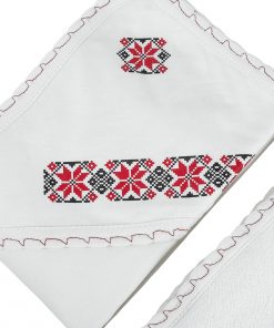 trusou botez traditional rosu cu sticluta mir, fasa, sapun, propos bebelus si prosop preot