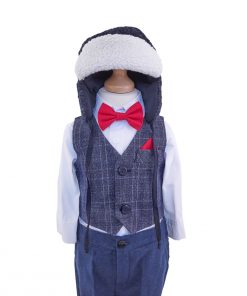 costum botez iarna cu palton lana si papion rosu