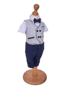 Costum botez din in pentru baieti cu sapca si botosei