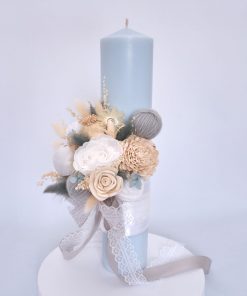 lumanare de botez bleu 35cm flori nemuritoare