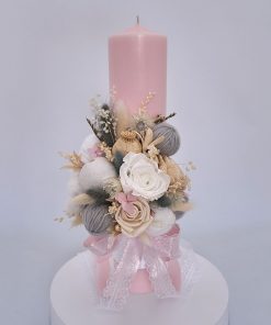 lumanare de botez roz 35cm flori nemuritoare