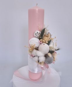 lumanare de botez roz 35cm flori nemuritoare
