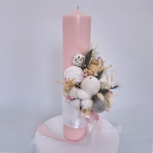 lumanare de botez roz 35cm flori nemuritoare