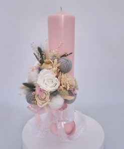 lumanare de botez roz 35cm flori nemuritoare