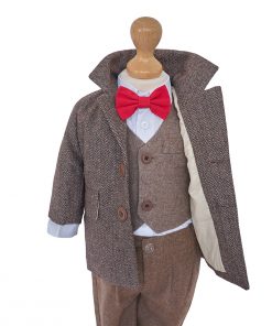 Costum botez baieti cu palton din lana maro